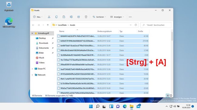 Dateien im Windows-Ordner mit Schriftzug drüber Strg + A.
