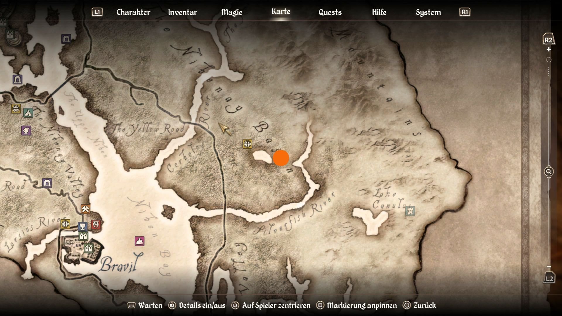 Fundort des Wegschreins Kynareth markiert mit einem orangen Punkt auf der Karte von Oblivion Remastered