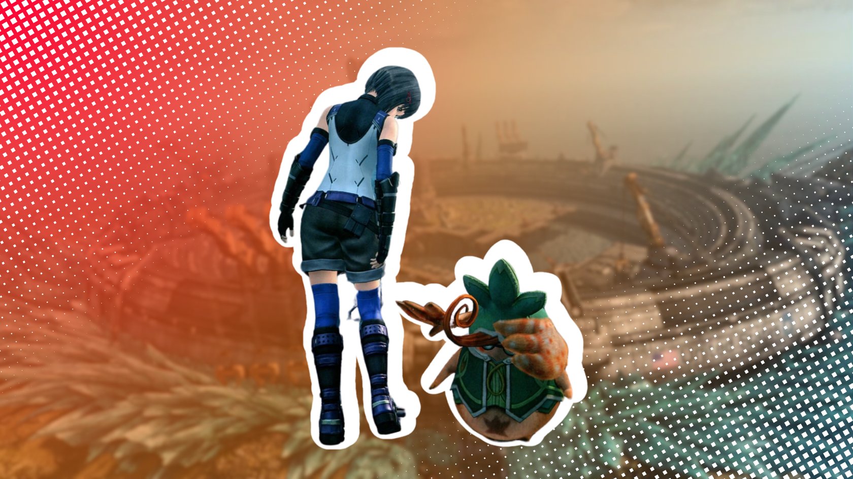 Eine Figur in einem blauen und weissen Outfit mit schwarzen Stiefeln und Handschuhen, steht neben einem kleinen, grünen, pflanzenähnlichen Wesen mit braunen Tentakeln. Der Hintergrund zeigt eine verschwommene Landschaft mit einem grossen, kreisförmigen Bauwerk und roten geometrischen Mustern.