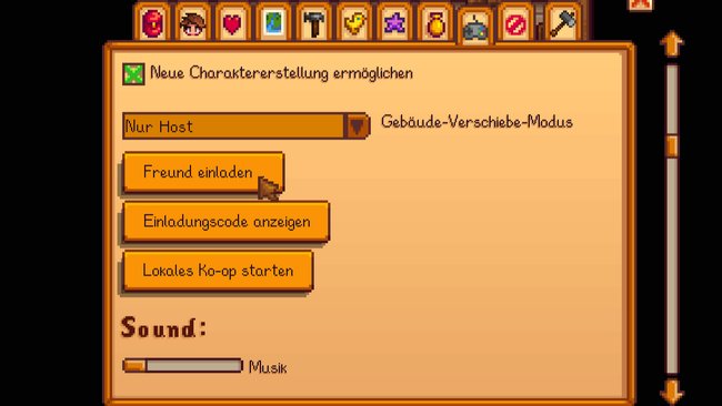 Screenshot aus dem Spiel Stardew Valley im Mehrspieler-Einladungsmenü. Die Optionen „Freund einladen“, „Einladungscode anzeigen“ und „Lokales Ko-op starten“ sind sichtbar. Ein Mauszeiger zeigt auf „Freund einladen“. Oben ist die Einstellung „Nur Host“ ausgewählt, daneben steht „Gebäude-Verschiebe-Modus“. Unten befindet sich ein Lautstärkeregler für Musik unter der Überschrift „Sound“.
