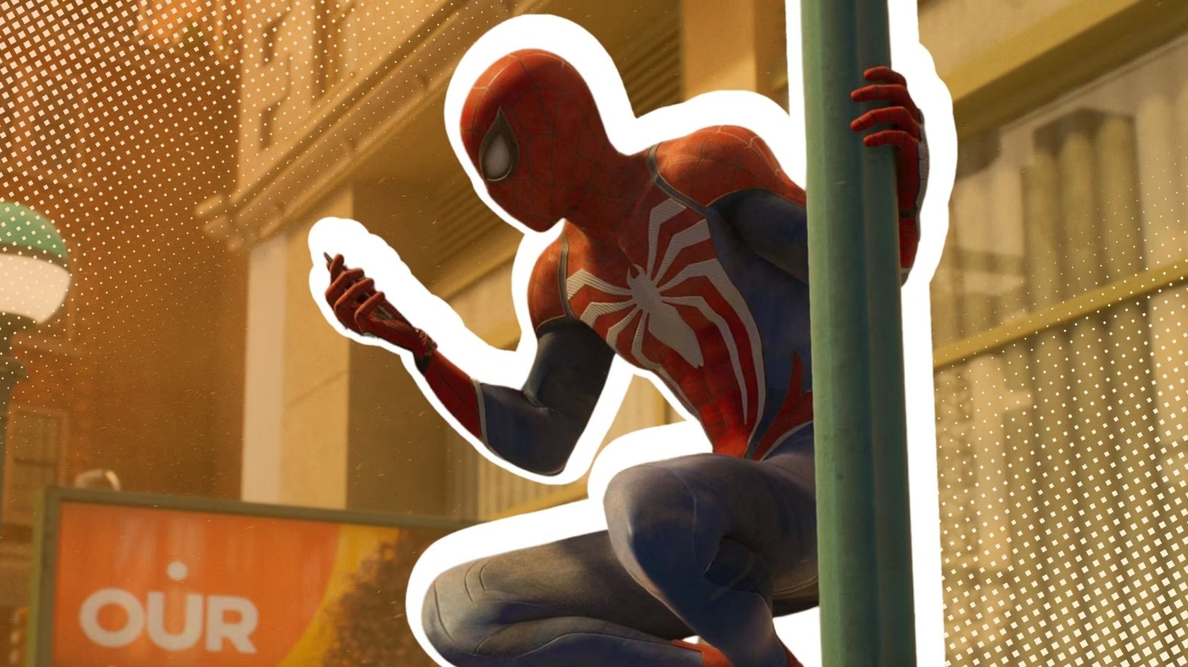 Auf dem Bild sitzt Peter Parker als Spider-Man und hält sich an einer Laterne fest.