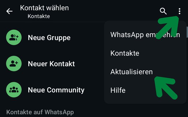 Über das mit dem Pfeil markierte Menü findet ihr die Option in WhatsApp eure Kontaktliste zu aktualisieren