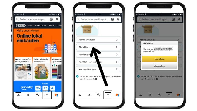 Amazon-App Abmeldung in drei Schritten erklärt. Screenshots von der App. Amazon-App Abmeldung in drei Schritten erklärt. Screenshots von der App.