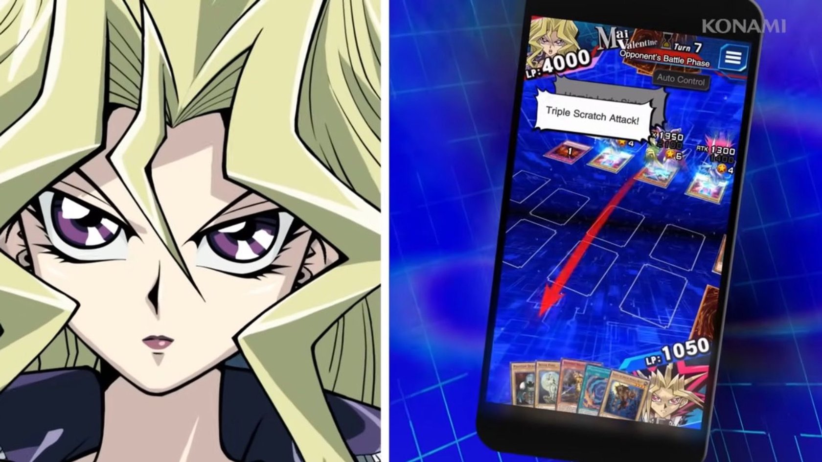 Links ist eine Nahaufnahme von Mai Valentine, einer Figur aus der Anime-Serie "Yu-Gi-Oh!". Rechts sieht man ein Smartphone, auf dessen Bildschirm ein "Yu-Gi-Oh!"-Duel-Spiel angezeigt wird, bei dem Mai Valentine einen "Triple Scratch Attack!" durchführt. Die Anzeige zeigt Mai's Lebenspunkte bei 4000 und die des Gegners bei 105.