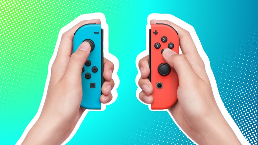 Joy-Cons der Nintendo Switch vor einem blaugrünen Hintergrund.