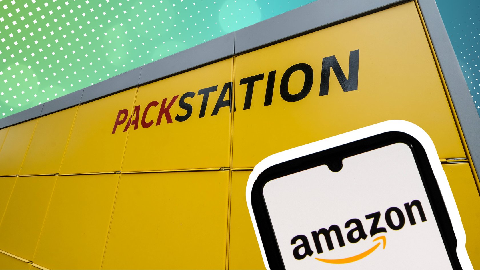 DHL-Packstation und das Amazon-Logo auf einem Smartphone
