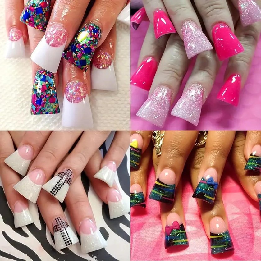 Eine Collage aus vier Bildern, die verschiedene extravagante Nageldesigns zeigen. Die Fingernägel sind vorn breiter als am Ansatz und ähneln Entenfüßen.