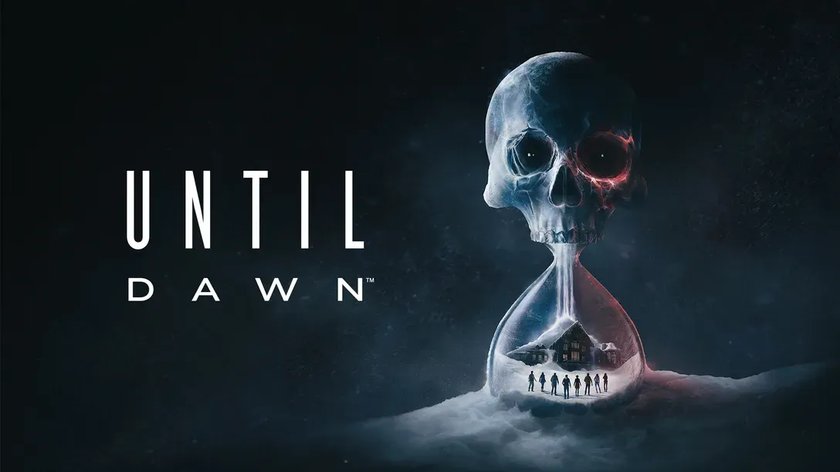 Das Bild zeigt das Cover des Videospiels "Until Dawn". Links im Bild steht der Titel des Spiels in weissen Buchstaben auf schwarzem Hintergrund. Rechts ist eine Sanduhr zu sehen, bei der das obere Glas einen Totenschädel zeigt. Im unteren Teil der Sanduhr befindet sich eine verschneite Berghütte, vor der acht Personen stehen. Der Schädel und die Hütte sind in einem düsteren, nebligen Umfeld dargestellt.  