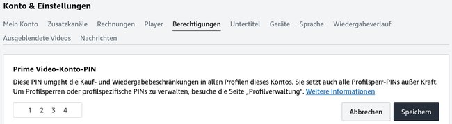 Das Bild zeigt die Einstellungen von Amazon Prime Video unter dem Menüpunkt "Konto & Einstellungen" mit dem ausgewählten Reiter "Berechtigungen", wo man die Prime-Video-PIN ändern kann. Das Bild zeigt die Einstellungen von Amazon Prime Video unter dem Menüpunkt "Konto & Einstellungen" mit dem ausgewählten Reiter "Berechtigungen", wo man die Prime-Video-PIN ändern kann.