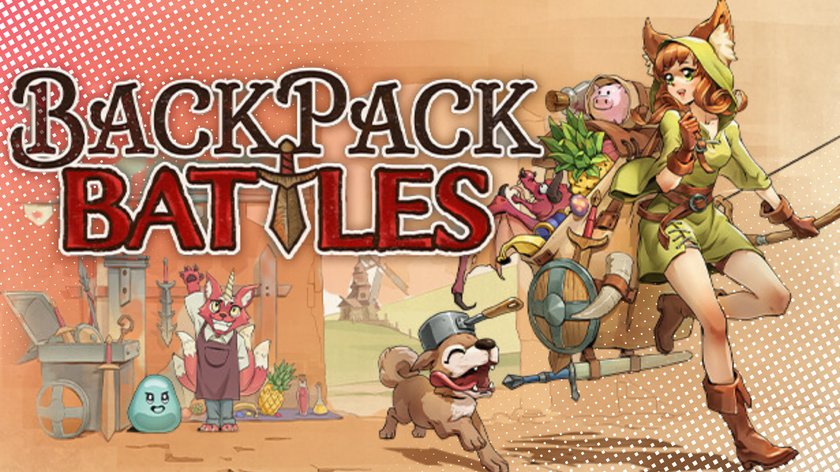 Bild eines Videospiel-Covers mit dem Titel "Backpack Battles". Rechts ist eine Frau mit Fuchs-Ohren und einem grünen Umhang zu sehen, die einen Bogen hält und einen Wagen voller Gegenstände hinter sich herzieht. Links ist eine Werkstatt mit einem anthropomorphen Fuchs in einer Schürze sowie einer schleimartigen Kreatur abgebildet. Ein kleiner Hund mit einem Topf auf dem Kopf rennt freudig in der Mitte des Bildes. Der Hintergrund ist eine Cartoon-Landschaft mit Windmühlen und Hügeln.