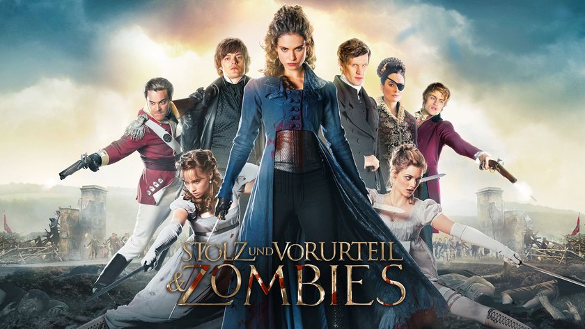 Filmplakat für „Stolz und Vorurteil & Zombies“. Im Zentrum steht eine Frau in einem blauen Mantel mit blutverschmierten Details, die ein Schwert hält. Um sie herum sind weitere Personen in historischer Kleidung, die ebenfalls Waffen wie Schwerter und Pistolen tragen. Im Hintergrund ist eine Schlachtszene mit Ruinen und kämpfenden Soldaten zu sehen. Der Titel „STOLZ UND VORURTEIL & ZOMBIES“ ist groß und in Goldtönen mit blutroten Akzenten dargestellt.