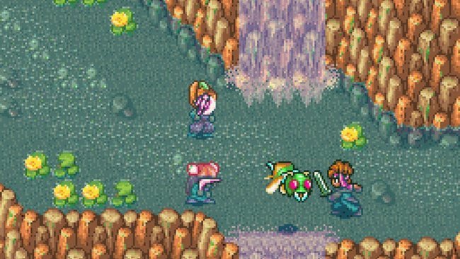 Der Wasserfall und die drei Helden von Secret of Mana (SNES).