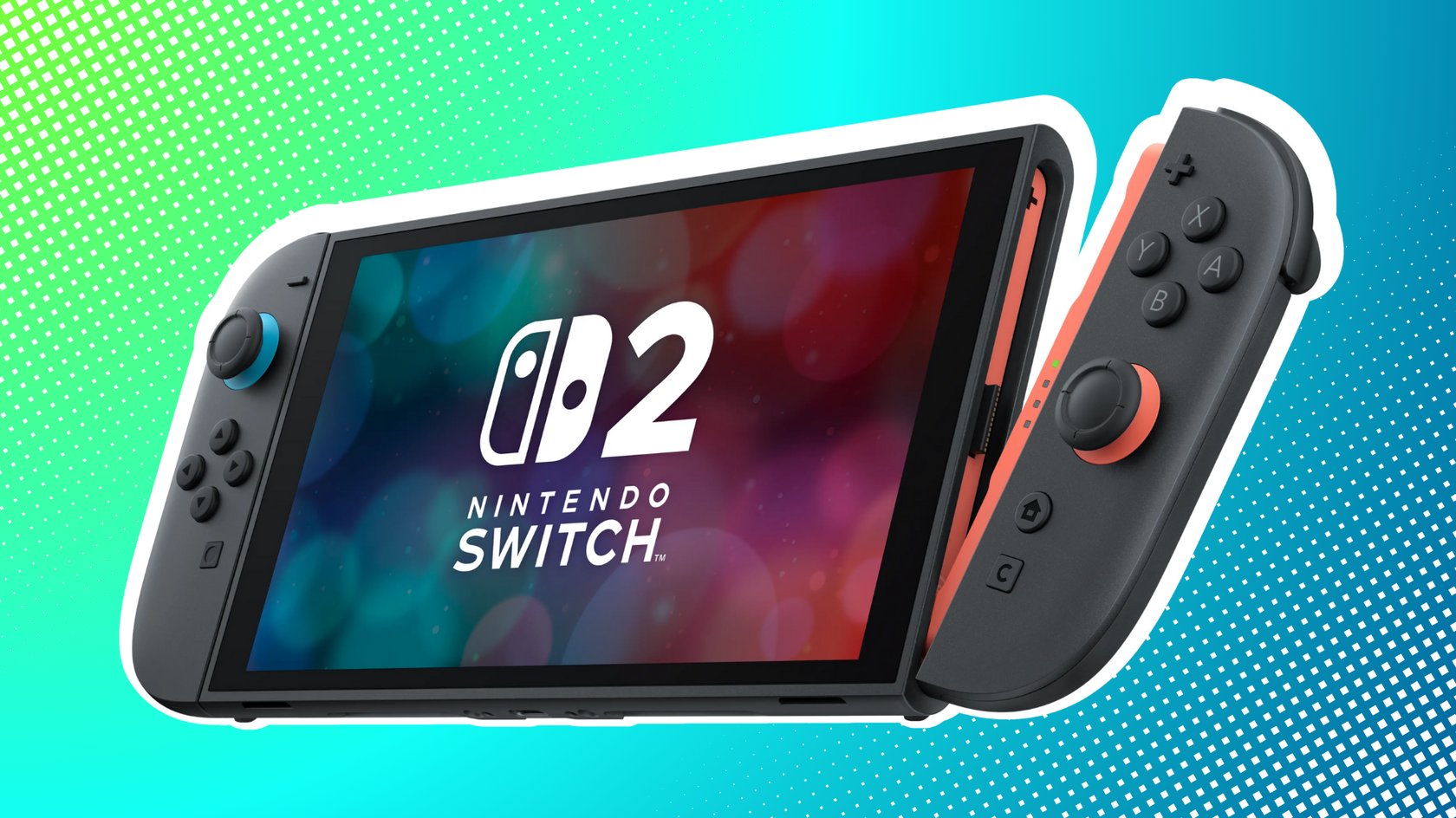 Nintendo Switch 2 vor einem blaugrünen Bildschirm.
