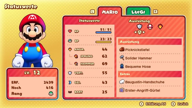 Statuswerte von Mario in Mario & Luigi: Brothership.