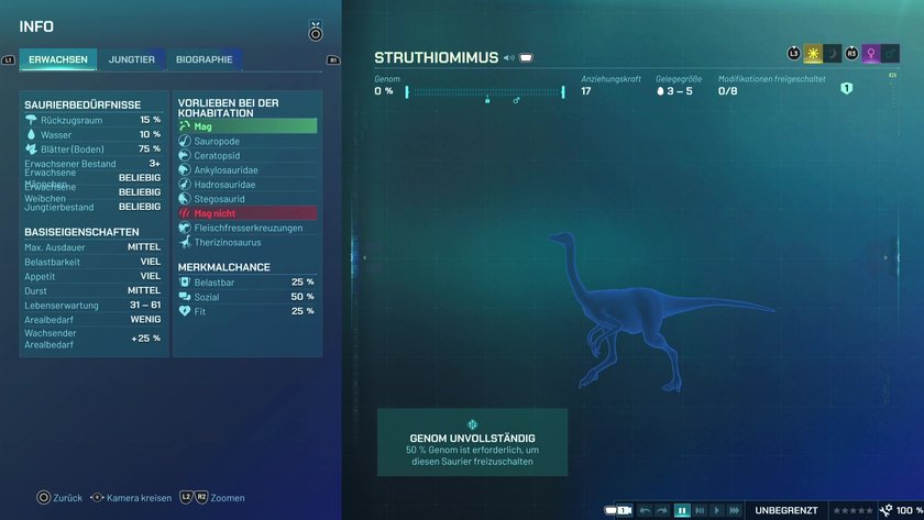 Infos zum Struthiomimus Pflanzenfresser-Dino in Jurassic World Evolution 3