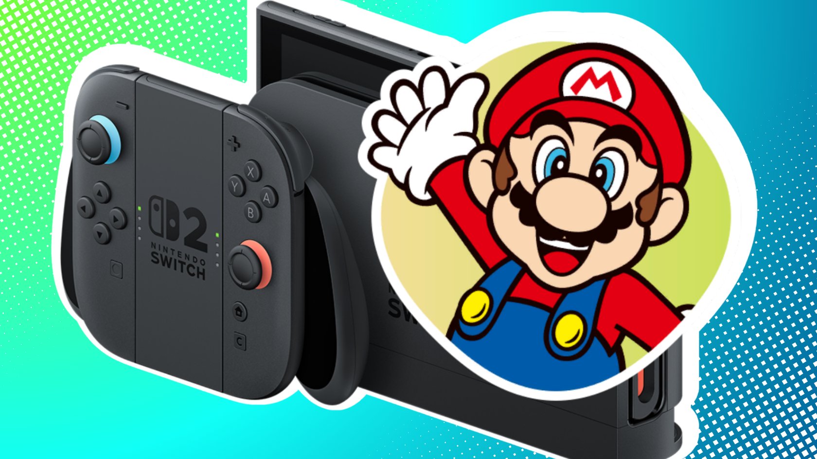Sticker mit winkendem Super Mario vor der Nintendo Switch 2. 