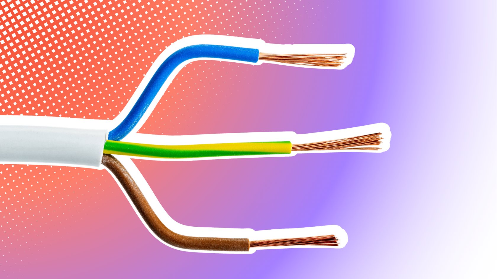 Abbildung von drei freiliegenden elektrischen Drähten in den Farben Blau, Gelb-Grün und Braun, die aus einem weißen Kabelmantel herausragen, vor einem bunten Hintergrund mit Farbverlauf und Punktemuster.