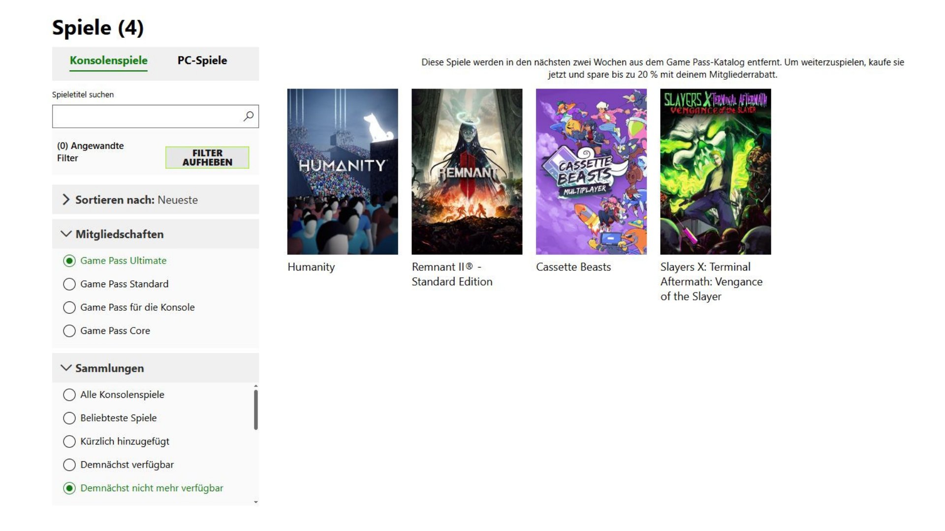 Screenshot der Website des Xbox Game Pass, der die Spiele zeigt, die demnächst entfernt werden. 