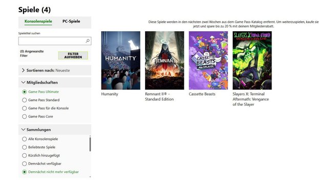 Screenshot der Website des Xbox Game Pass, der die Spiele zeigt, die demnächst entfernt werden. 