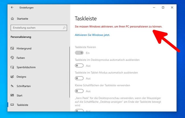 In einen nicht-aktivierten Windows sind viele Individualisierungs-Einstellungen ausgegraut.