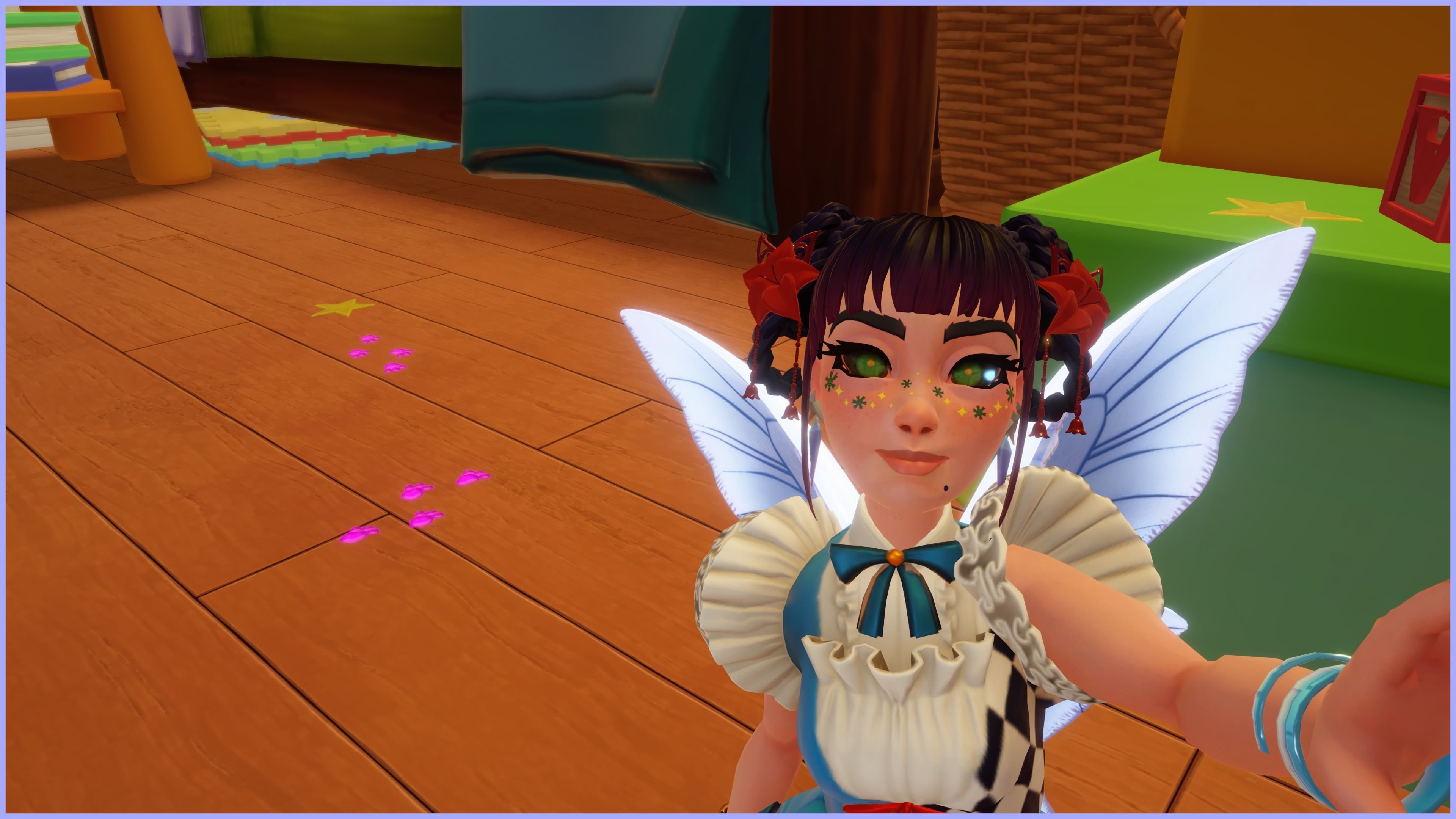 Lila Pfotenabdrücke im Reich von Toy Story im Event Grinsekatzen-Chaos in Disney Dreamlight Valley