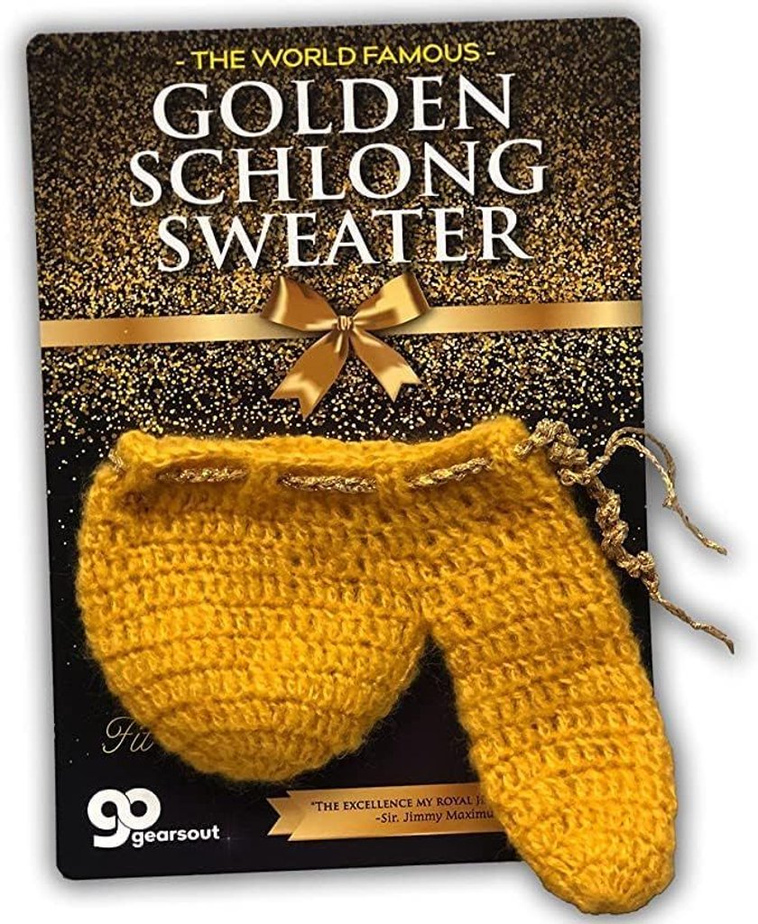 Eine Verpackung für einen gehäkelten, goldenen Penis-Wärmer mit der Aufschrift "The World Famous Golden Schlong Sweater".
