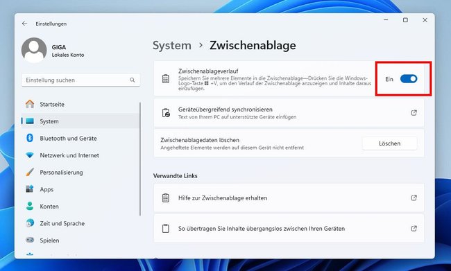 Windows 11: Hier aktiviert ihr den Verlauf der Zwischenablage.