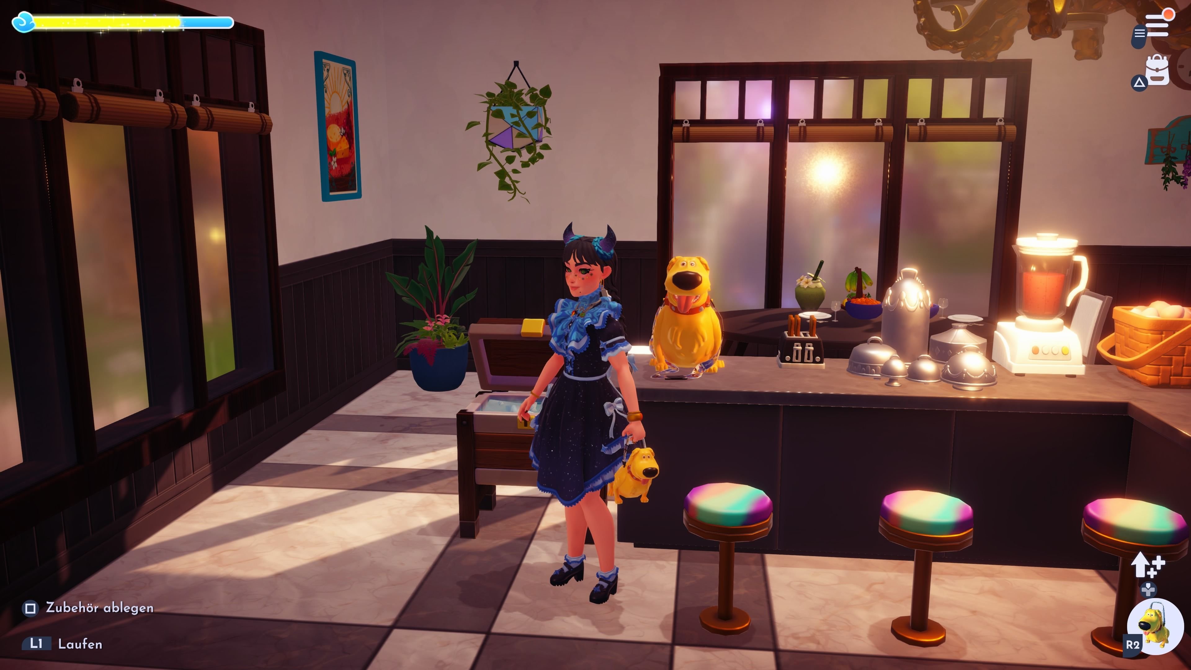 Eimer mit Popcorn Dug und die tragbare Variante in einer Küche in Disney Dreamlight Valley