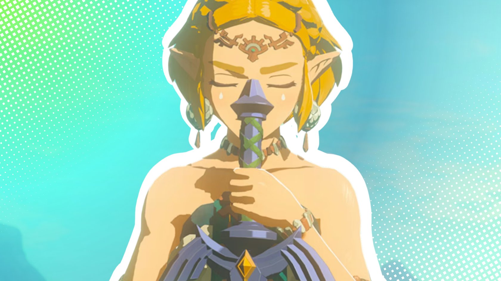 Zelda aus The Legend of Zelda: Tears of the Kingdom mit dem Masterschwert in der Hand. 