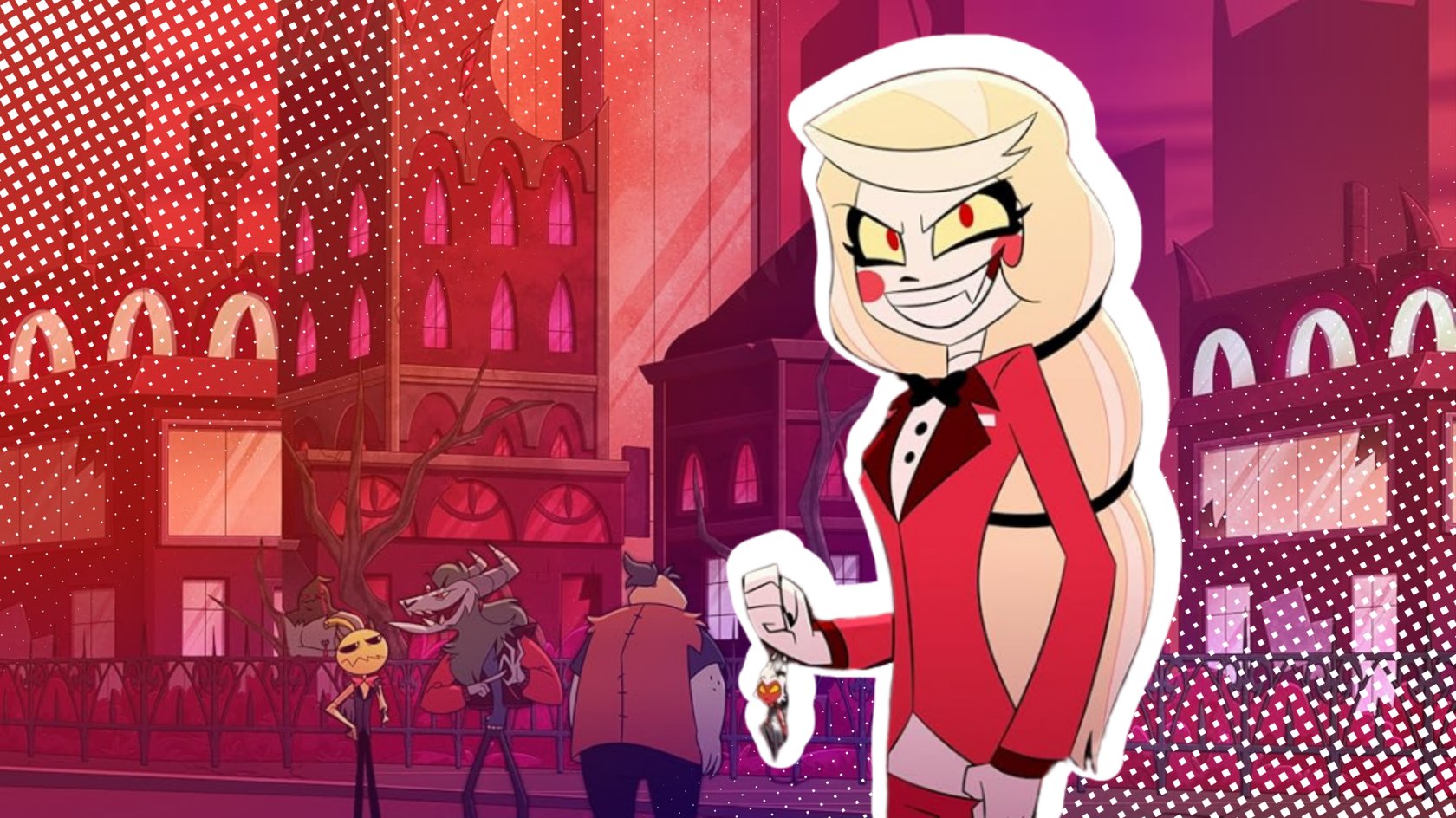 In dieser gezeichneten Szene steht eine weibliche Figur mit blonden Haaren und roten, teuflisch anmutenden Augen im Vordergrund. Sie trägt ein rotes, figurbetontes Outfit mit einem Umhang und hält ein kleines, herzförmiges Objekt in der Hand. Im Hintergrund sieht man eine düstere Stadtkulisse mit Gebäuden, die an eine Mischung aus gotischer Architektur und Fast-Food-Restaurants erinnern. 