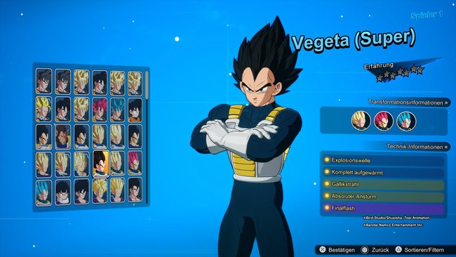 Vegeta als spielbarer Charakter im Auswahlbildschirm von Dragon Ball: Sparking Zero. Rechts daneben seine Transformationen und speziellen Angriffe.