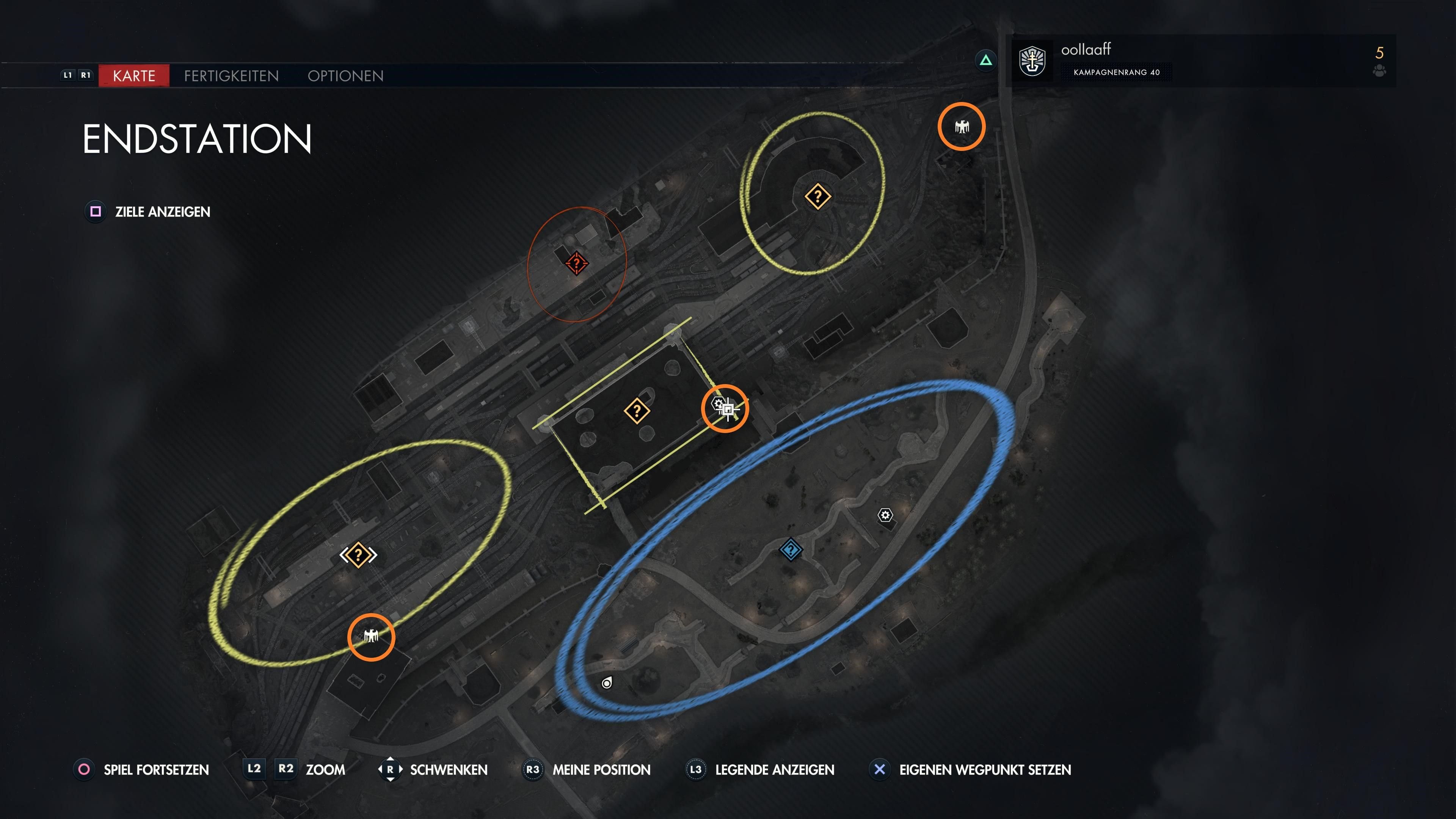 Das Bild zeigt die Map der Mission „Endstation“, worauf die Fundorte der Steinadler markiert sind.