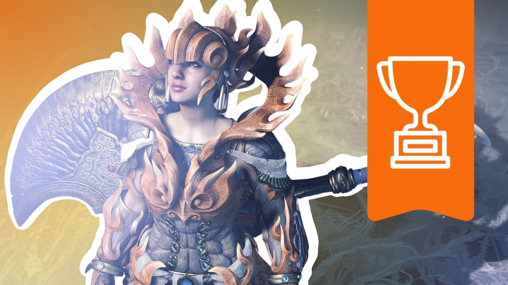 Der Hauptcharakter aus Monster Hunter Wilds mit ausgerüsteter Axt auf dem Rücken und einem Trophäen-Symbol rechts.