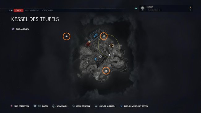 Das Bild zeigt die Map der Mission „Kessel des Teufels“, worauf die Fundorte der Steinadler markiert sind.