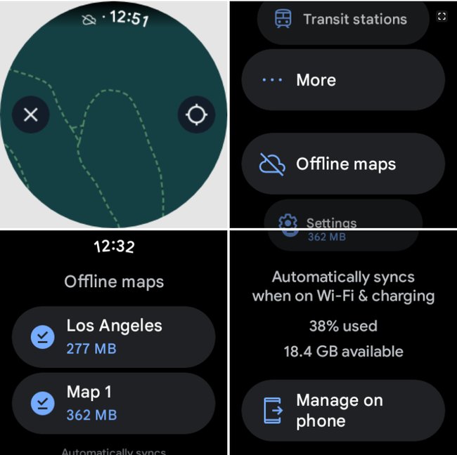 Screenshots, die die Funktionsweise der neuen Google-Maps-Funktion auf der Smartwatch illustrieren.