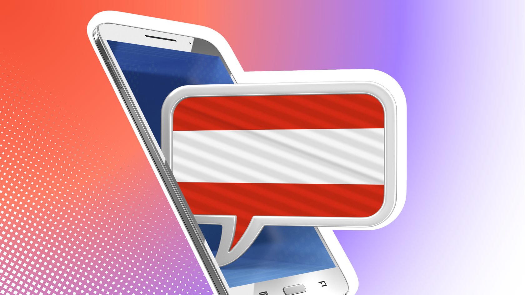 Smartphone mit einer Sprechblase, die die Flagge von Österreich zeigt, auf rotemHintergrund.
