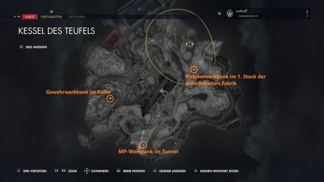 Der Screenshot zeigt die Karte von der Mission „Kessel des Teufels“. Auf ihr sind die Fundorte der Werkbänke markiert.