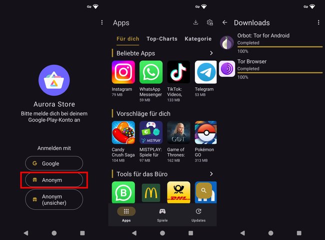 Der Aurora Store installiert Apps aus dem „Google Play Store“.