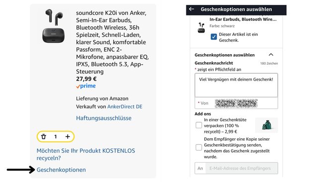 Check out Prozess Amazon App Geschenkoption