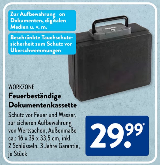 Feuerfeste Dokumentenkassette Workzone von Aldi