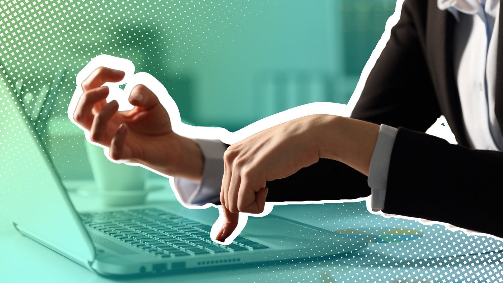 Das Bild zeigt die Hände einer Person, die vor einem Laptop sitzt. Die rechte Hand macht dabei eine wütende Geste, während die linke Hand fest auf eine Taste der Laptoptastatur drückt. Die Person trägt ein Hemd mit aufgerollten Ärmeln und ein Sakko. Der Hintergrund ist türkis mit einem Punktmuster.