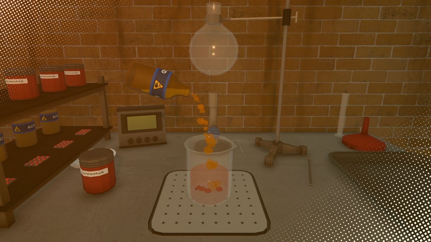 Virtuelle Darstellung eines Labors mit einem chemischen Experiment: Eine orangefarbene Flüssigkeit wird aus einer mit einem Gefahrensymbol gekennzeichneten Flasche in ein Becherglas gegossen. Das Becherglas steht auf einer durchlöcherten Unterlage unter einem Trichter und ist mit einer Substanz gefüllt.