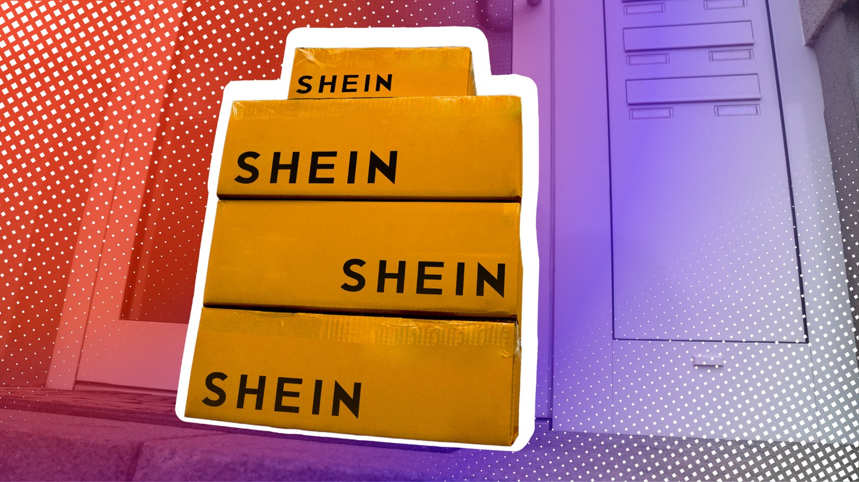 Vier gestapelte Pakete mit der Aufschrift "SHEIN" vor einer Haustür mit Briefkästen. Das Bild hat einen kreativen, grafischen Stil mit einem weißen Umriss um die Pakete und einem rot-lila Farbverlauf mit Punkten im Hintergrund.