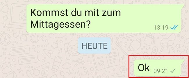 Screenshot einer WhatsApp-Nachricht, die nur einen einzelnen grauen Haken hat.