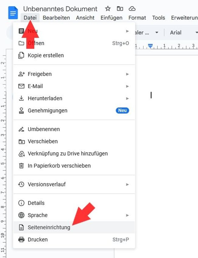 Google Docs Seiteneinrichtung