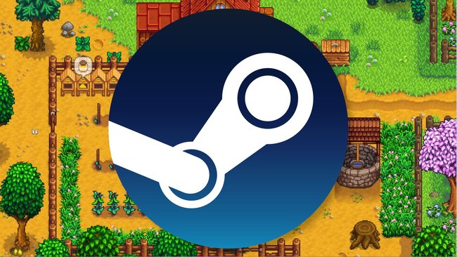 Screenshot aus Stardew Valley, auf dem ein großes Steam-Logo prangt.