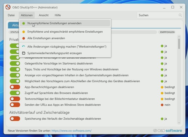 Screenshot O&O ShutUp10++