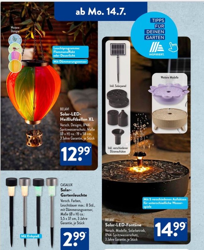 Aldi-Prospekt mit verschiedenen Solarleuchten.
