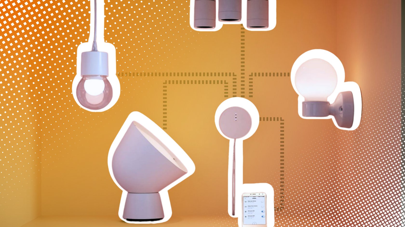 Collage aus verschiedenen modernen, weissen Lampen und Beleuchtungselementen vor einem orangefarbenen, grafisch gestalteten Hintergrund mit Raster- und Punktmuster. Abgebildet sind unter anderem eine Hängelampe mit Glühbirne, eine Tischlampe mit geneigtem Schirm, eine Wandleuchte mit runder Glühbirne, ein längliches Bedienelement sowie ein Smartphone mit einer Steuerungs-App.