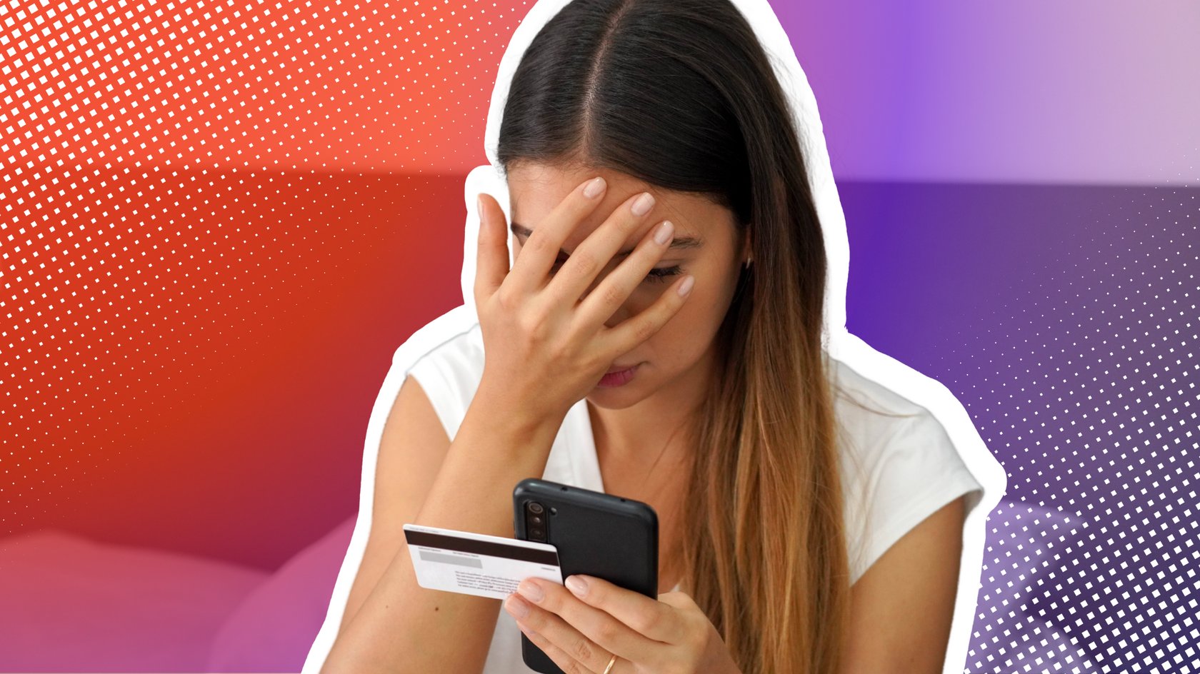 Frau verzweifelt, mit Handy und Kreditkarte